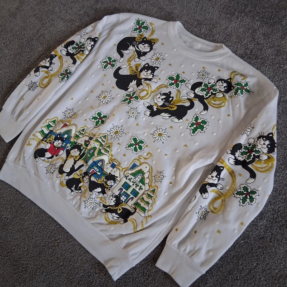 Vintage 80/90s Cat Christmas Sweatshirt Cute Kitty Kitten Playing Ugly - Image 2 of 4