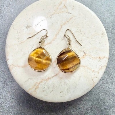 Brown Tiger's Eye Gold Tone Dangle Drop Earrings