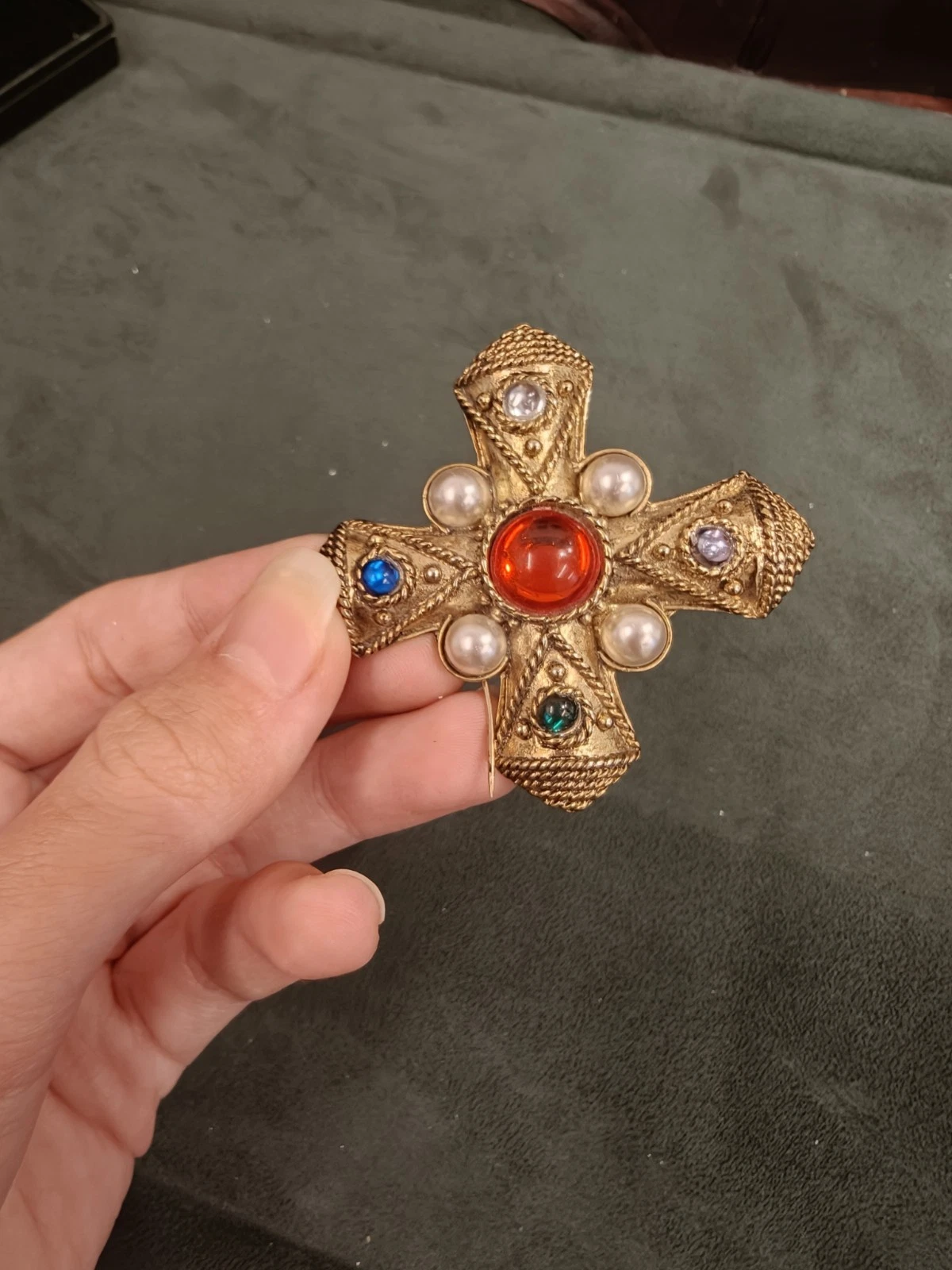 Vintage multicolour crystal cross brooch