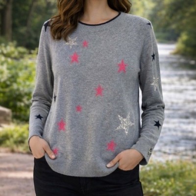 Dismero Sweater Womens Small Cashmere Angora Crewneck Stars Studded Italy Gray