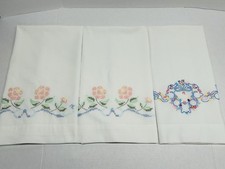 Vintage Hand Embroidered Floral Pillow Cases 32x20 Pair  One Single Lot Of 3