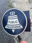 Vintage Porcelain Enamel Bell Public Telephone Double Sided Sign.