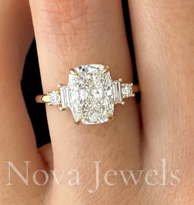 3 CT Cushion Cut Three Stone Moissanite Engagement Ring 14K Yellow Gold Plated