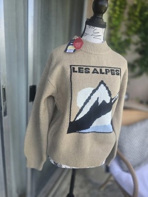 NWT Alpine Hotel Les Alpes Graphic Knit Sweater Beige Tan Size XS Après-Ski