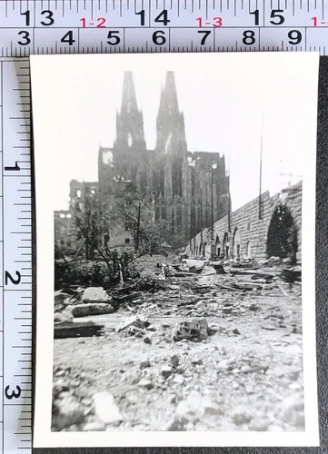 WW2 Era Military BW Photo Snapshot Bombed Cathedral in Cologne Germany