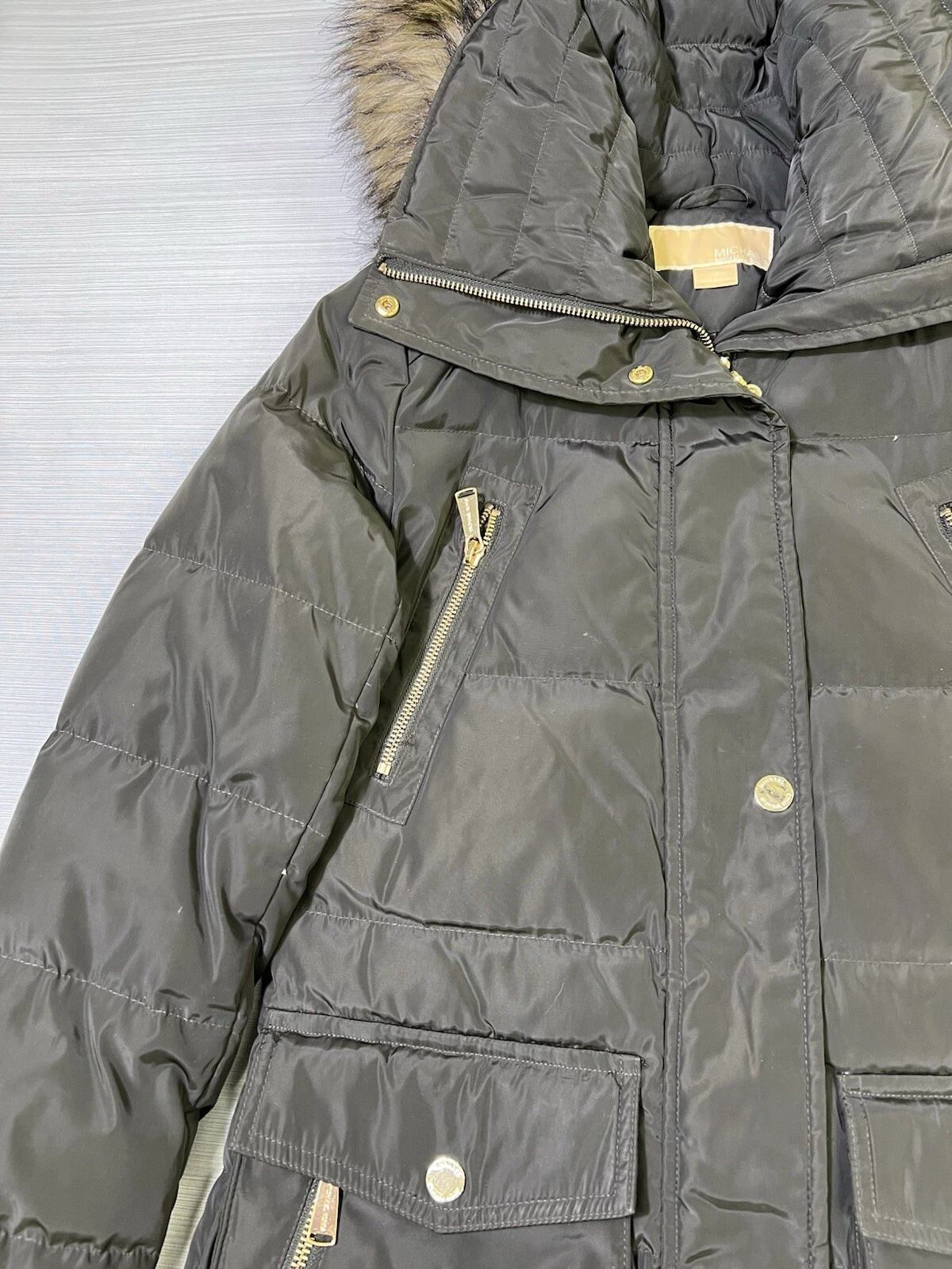 Parka donna Michael Kors piumino pelliccia sintetica cappuccio puffer trapuntato cappotto cintura taglia XS