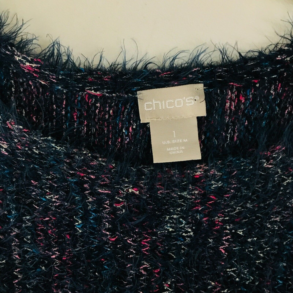 Chico's 1 Women's Medium Sweater Blue Marled Eyelash Pullover Boat