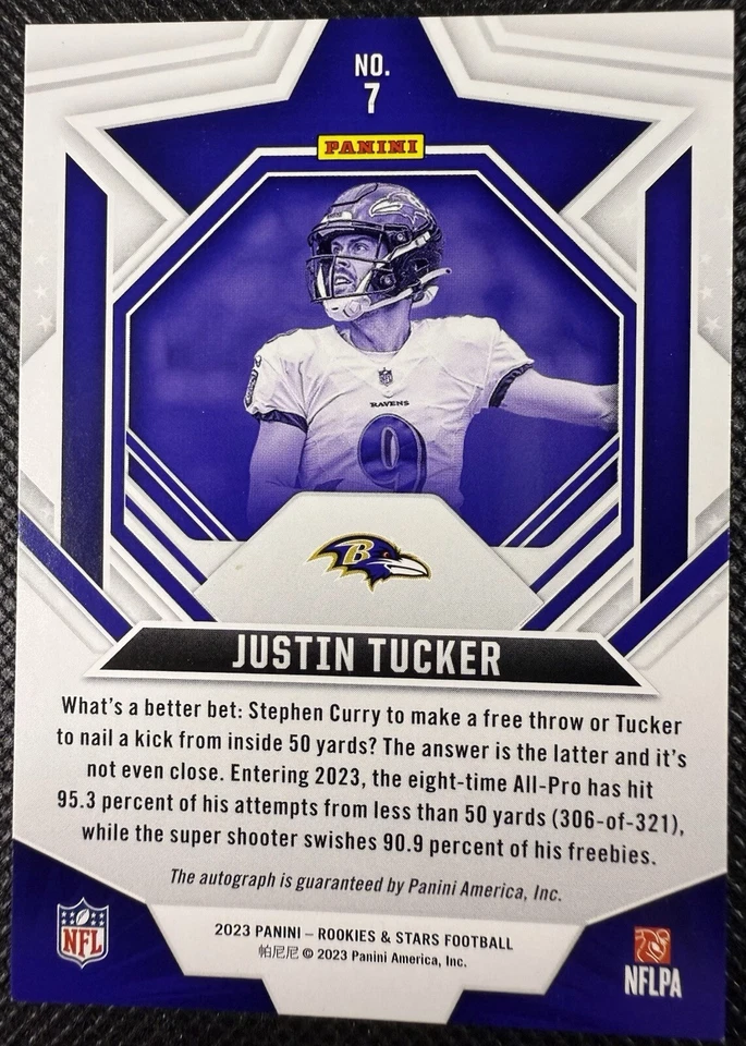 2023 Panini Rookies & Stars Justin Tucker Purple Autograph Auto /25 #7 Baltimore - Image 2 of 2