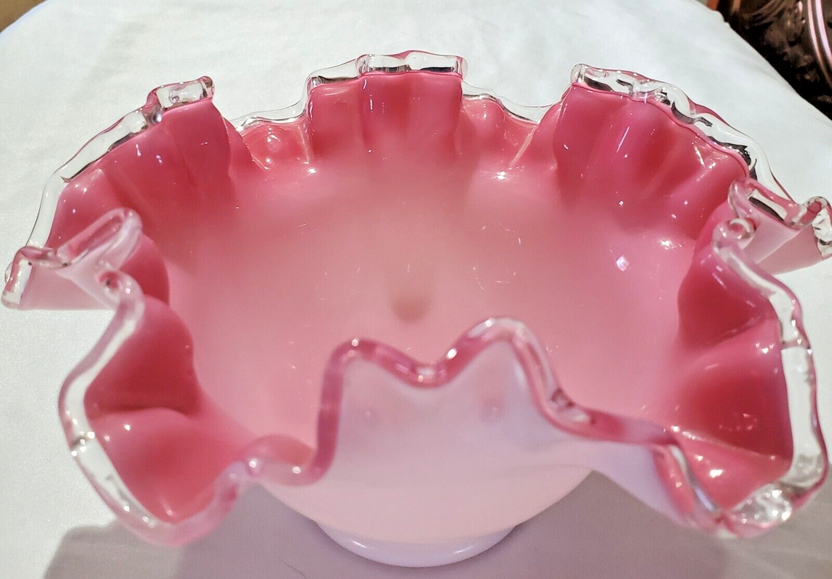 FENTON ART GLASS DEEP PINK CASED & RUFFLED SILVER CREST BOWL