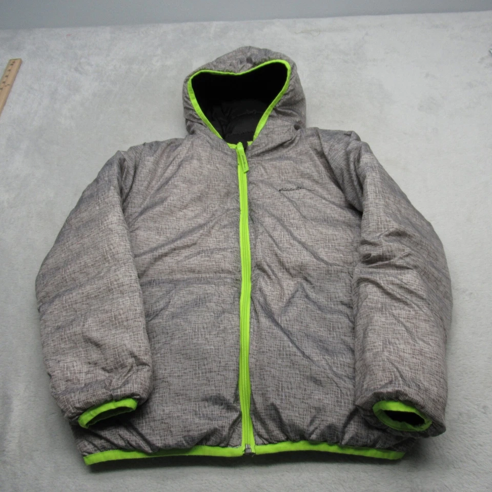 Eddie Bauer Down Jacket Youth Medium Hooded Black Gray Hooded Reversible Puffer - Image 3 of 4