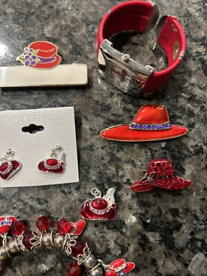 Lot Red Hat Society Watch Bracelet Pin Earrings And Brooches  display picture 2