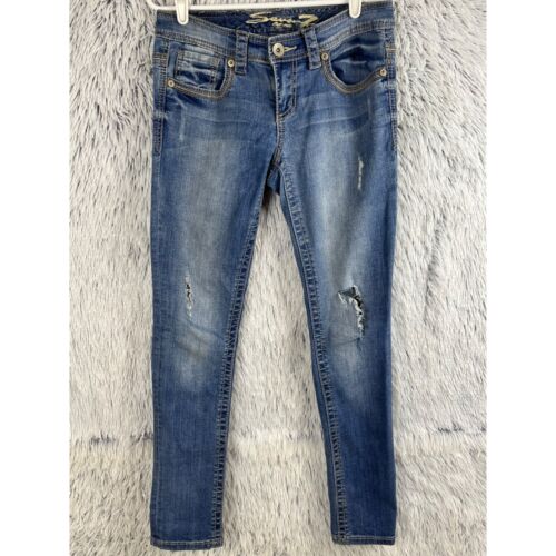 7 Seven Jeans Womans 2 Mid Rise Distressed Slim Straight Leg Denim Bottoms - Picture 1 of 10