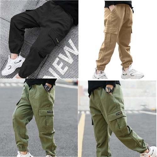 Boys Cargo Pants Casual Kids Joggers Waist Outdoor Hiking Baggy Trousers - Picture 1 of 34