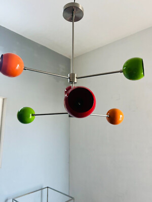 Mid Century Light Fixture 6 Arms Colorful Brass Sputnik Eyeball Shade Chandelier