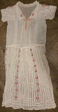 1920s Handmade In France Rows Pink Floral Embroidery  White Lace Dress