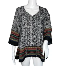 Signature Studio Shirt Womens Small Black White Floral Multi Stripe Tunic Boho