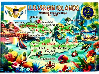 US Virgin Islands Graphic Map and Attractions Souvenir Fridge Magnet 2.5'' X 3.5''