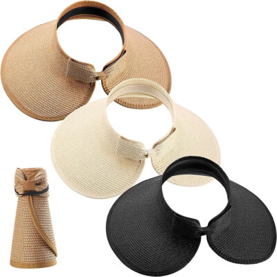 Women Foldable Wide Brim Straw Cap Roll Up Beach Floppy Outdoor Sun Visor  Hat UK