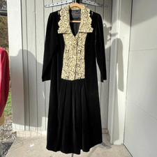 1940s-Inspired Handmade Velvet Dress, Gold Lace, 1960s Construction, Dropped Wai