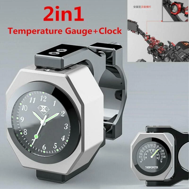 Aluminum Alloy Motorcycle Handlebar Mount Luminous Clock Time +Temperature Gauge - Image 2 of 4