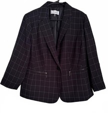 Le Suit Women's Blazer Jacket Size 14W Plaid Check Preppy Office Classic Black