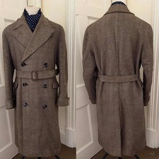 Men's Winter Herringbone Long Coat Double Breasted Casual Trench Coat with Belt