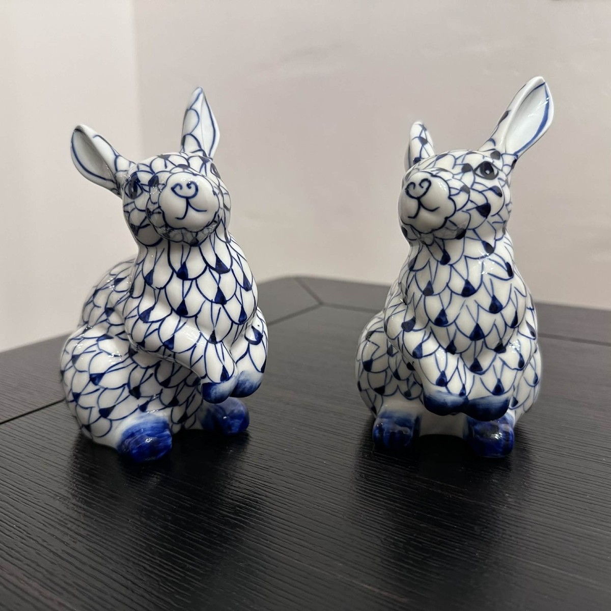 Andrea By Sadek Porcelain Bunny Rabbit Figurines Blue White Pair
