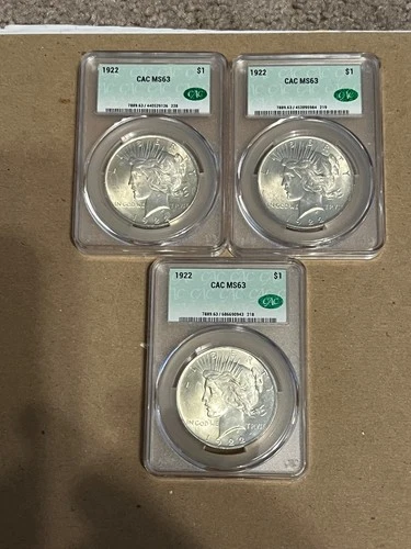 1922 Peace Dollars (Lot of 3) CAC MS 63 Free Shipping!