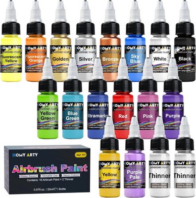 HOMY ARTY Airbrush Paint - 16 Colors with 2 Thinner, Ready to Spray, Water-Based