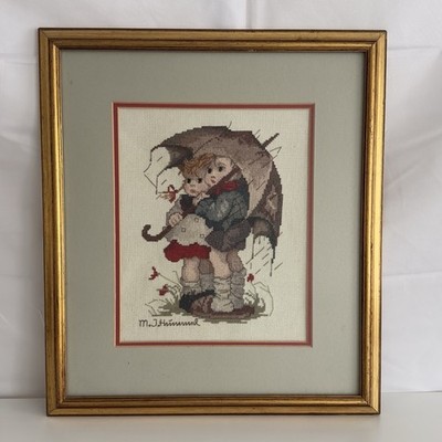 Original Framed Art Work of Boy & Girl Under An Umbrella Signed by Artist