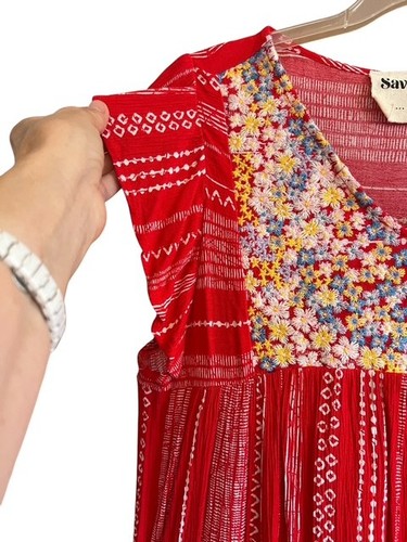 Blusa Savanna Jane Grande Roja Rayas Boho Floral Bordada Volantes Manga Top - Imagen 4 de 11