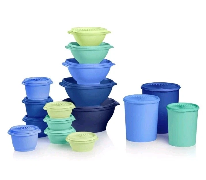 Tupperware 32-piece Servalier Bowls and Canisters with Lids Set-Blue-NEW