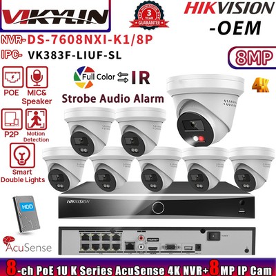 VIKYLIN 8CH NVR DS-7608NXI-K1/8P 8POE Colorvu Speaker Hybrid 8MP IP Camera Lot