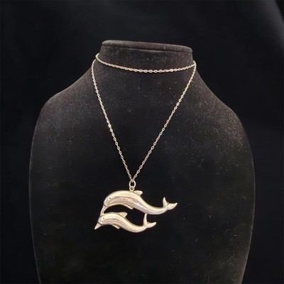 Vintage Sterling Silber Delfin Anhänger Halskette Italy9 925 Mutter Baby Ozean