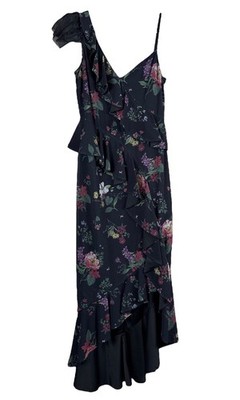 AMUR $598 Floral Peplum Asymmetric Ruffle Cocktail Midi Dress Gown Black  Size 2 | eBay