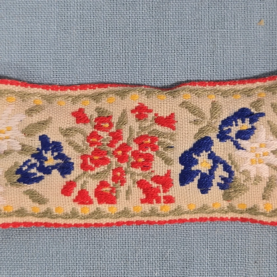 Vintage Embroidered Jacquard Ribbon with Red & Blue Flowers 2" Wide 3 Yd Lot - Image 3 of 4