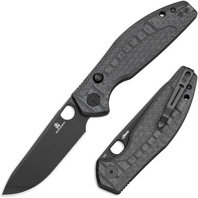 Bestechman Angry Owl Knife Button Lock Black Carbon Print G10 Folding D2 Blade