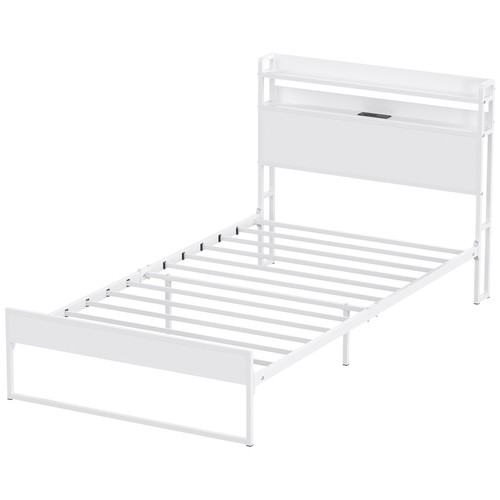 White Twin Bed Frames with Charging Station and Storage Headboard,Easy Assembly - Picture 4 of 7