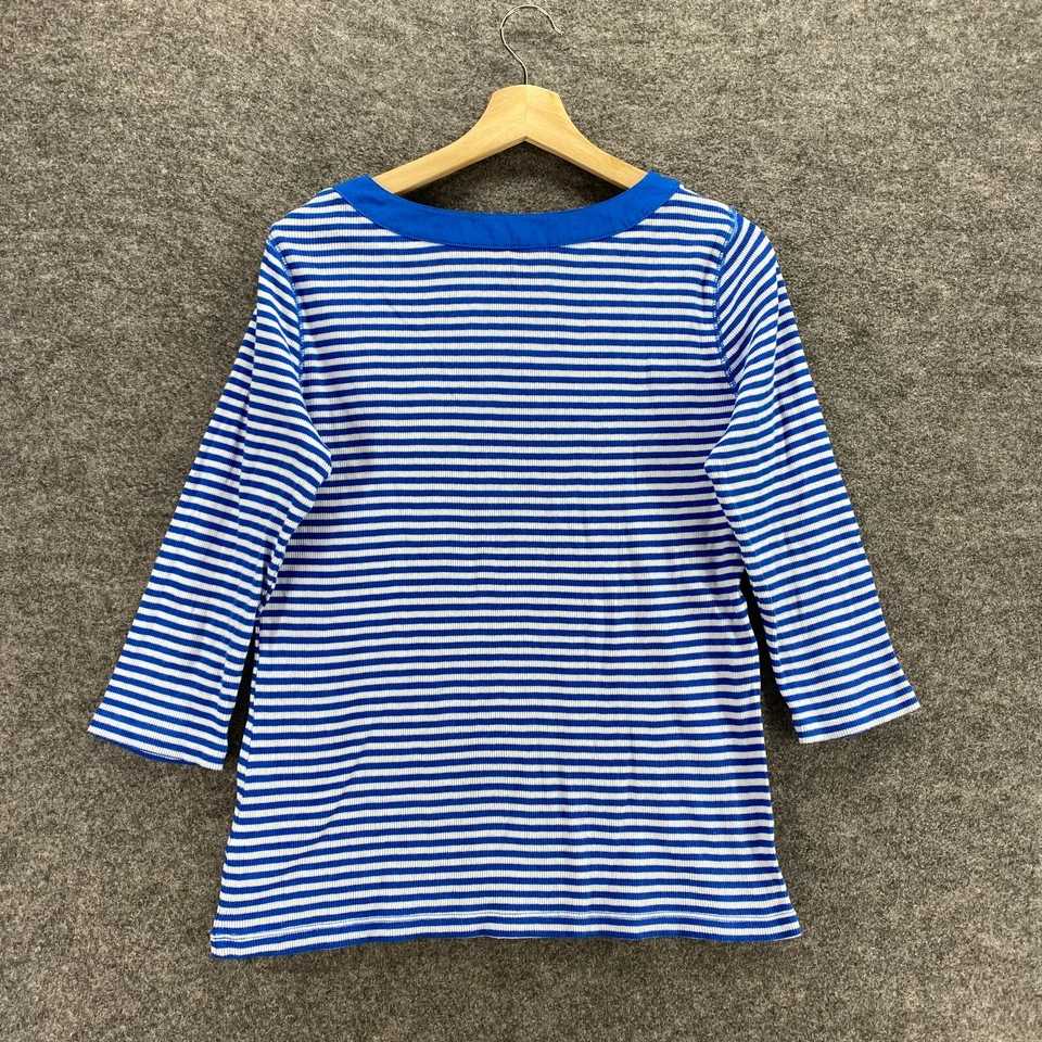 Blusa Croft & Barrow Feminina G Grande Listrada Azul Decote V Manga 3/4 Algodão Casual - Imagem 2 de 4