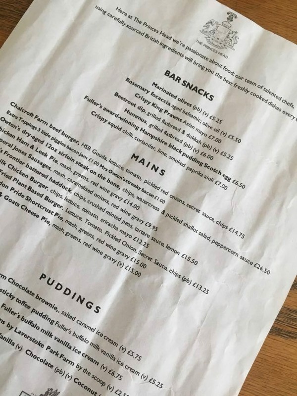 Ted Lasso "Crown and Anchor" Princes Head genuine pub menu