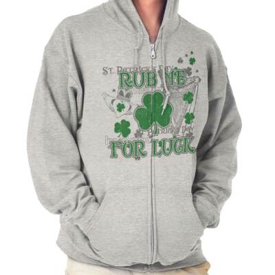 Saint Patrick's Day Rub Me For Luck Clover Sweatshirt Zip Up Hoodie Men Women