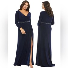 Mac Duggal Midnight Navy Beaded Belt Jersey Faux Wrap Long Sleeve Gown Size 14W