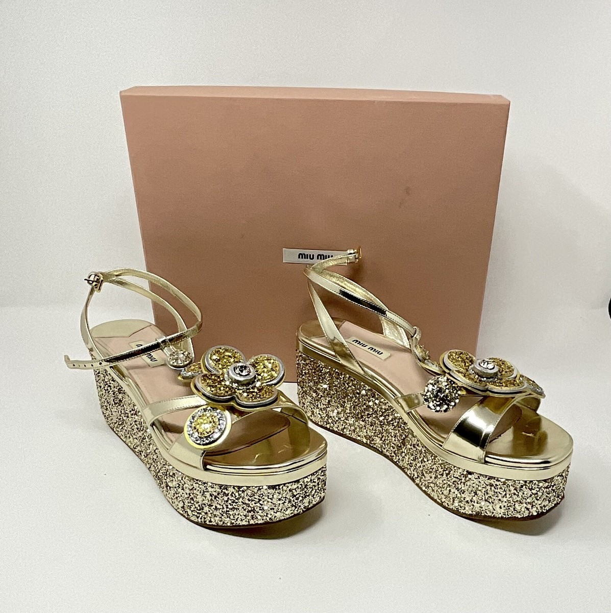 Miu Miu Calzature Donna Glitter Flower Wedge Shoe SZ EXCELLENT