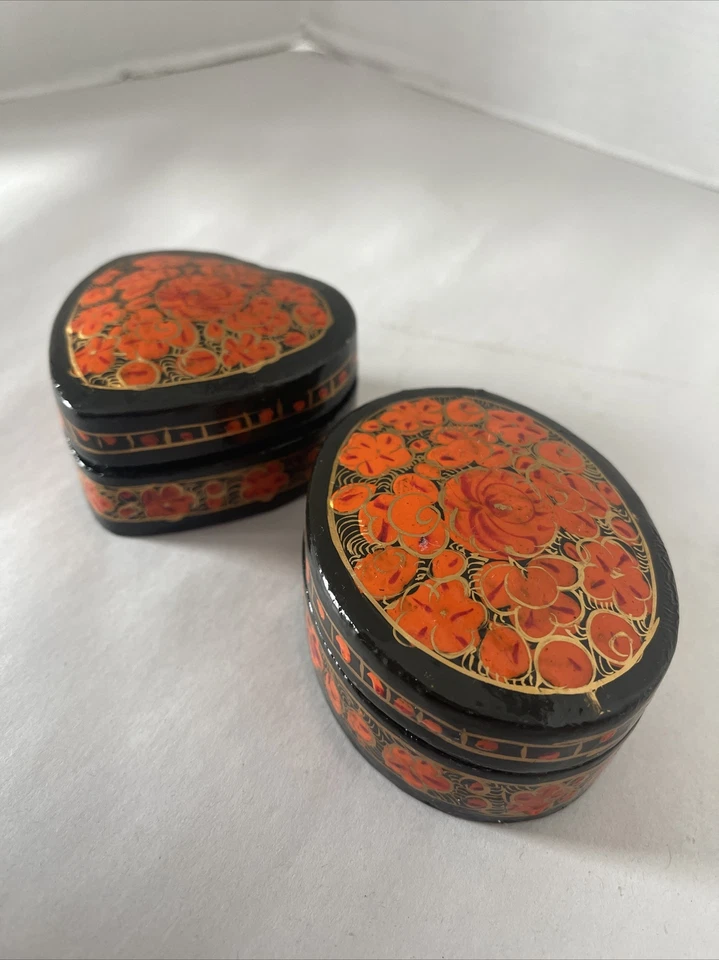 Kashmiri Trinket Boxes Lacquered Floral Paper Mache Heart Oval Set Of 2 India - Image 4 of 4