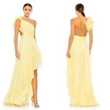 NWT | Mac Duggal 67989 Yellow Ruffled One Shoulder Asymmetrical Maxi Gown 10