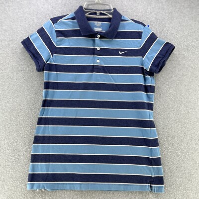 Nike The Athletic Dept Womens Polo Large L Striped Blue Stretch Logo Camisa 