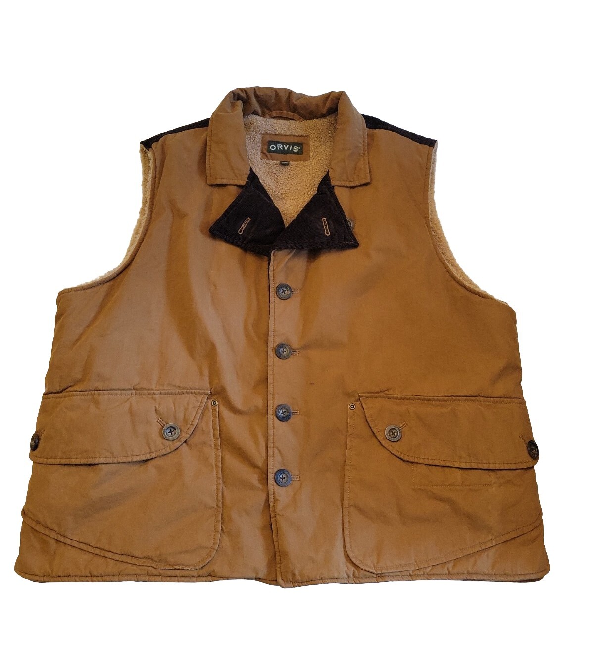 Orvis sherpa lined Brown Button Up Mens Outdoor vest Size XL With Botton Pockets