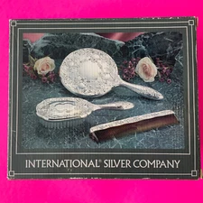 Vintage INTERNATIONAL SILVER CO. Silverplated Dresser Set Mirror, Brush, & Comb