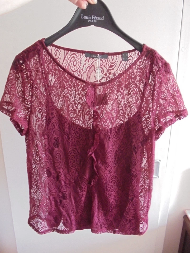 ESPRIT Top haut T-shirt dentelle bordeaux doublé T 38/40 neuf avec étiquette - Photo 1/4