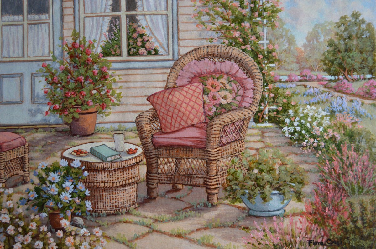 油絵 油彩  絵画 【giardino fiorito colorato】 Summer by Vittorio Giardino – Colorful European Landscape